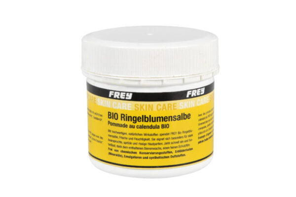 Die FREY Bio-Ringelblumensalbe ist für die intensive biologische Pflege von trockener und strapazierter Haut – ohne Mineralöle.