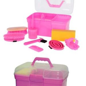 Die Putzbox für Kinder befüllt - 8-teilig mit allem was man zur Pflege des Lieblingspferdes benötigt. In der poppigen Farbe rosa.